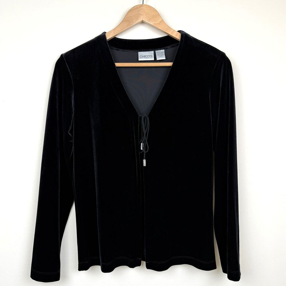 Vintage Chicos Black Velvet Cardigan Top Tie Front Long Sleeve Sz S/4 Goth 90s